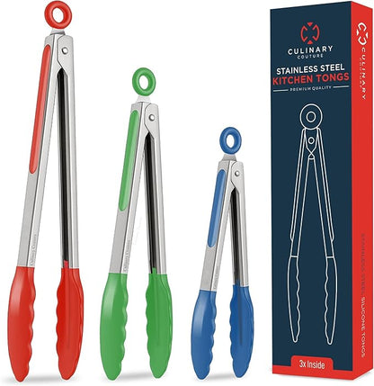 Kitchen Tongs for Cooking with Silicone Tips, Heat Resistant Tongs for Serving Food, 7-Inch, 9-Inch, 12-Inch Locking Silicone Tong, Set of 3 Salad Tong, Mulitcolor Kitchen Utensils