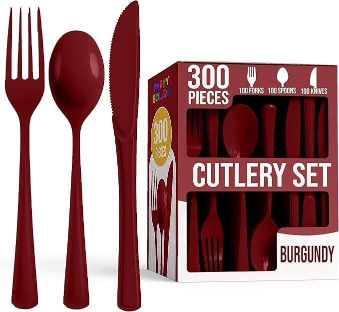 Party Solids Burgundy Plastic Silverware Heavy Duty 300 Pieces Burgundy Plastic Cutlery Sets, Utensil Sets, 100 Of Each Forks, Knives & Spoons Disposable Cutlery Set, Flatware Set For Party Supplies