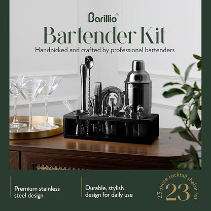 Barillio Black Bartender Kit - Stainless-Steel Cocktail Shaker Set w/Black Bamboo Stand - Mixology Bar Tools w/Drink Shaker, Mixer and Muddler for Cocktails - Home Bar Accessories - 23-Pc Bar Set