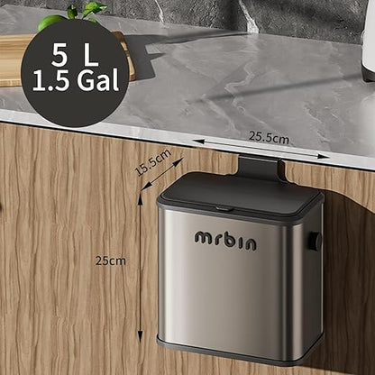 MRBIN Stainless Steel Compost Bin Countertop with Lid, Hanging Trash Can for Kitchen Cabinet Door, Wall Mounted Indoor Recycle Basket Food Waste Scrap Dustbin for Kitchen Under Sink with Inner Bucket