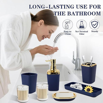 Navy Blue Bathroom Accessories Set, Blue and Gold Bathroom Accessories with Trash Can, Soap Dispenser, Soap Dish, Toothbrush Holder and Q-tip Holders
