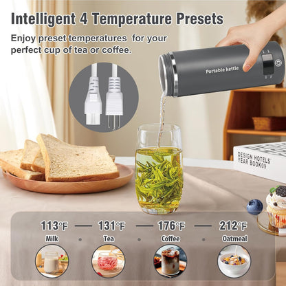 Travel Electric Kettle Portable Mini Kettle,Small Hot Water Boiler with 4 Temperature Settings,304 Stainless Steel,Fast Boiling Water with Auto Shut-Off and Boil Dry Protection,400ml (Grey, 400ml)