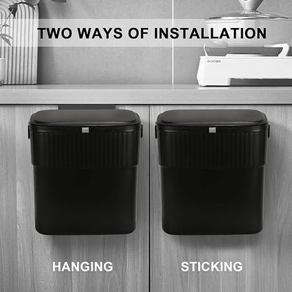 ELPHECO Hanging Trash Can with Lid 2.5 Gallon Kitchen Compost Bin for Under Sink, Plastic Wall-Mounted Garbage Can, Small Kitchen Trash Bin, Small Trash Can with Lid for Office, Bathroom, Black