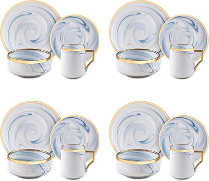 16 Piece Plates and Bowls Sets, Fine China Artisan Marbled Dinner Set for 4, Dishwahser Safe, Scratch Resistant, Blue with Gold Line