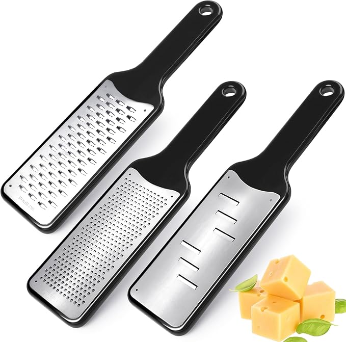 LHS Lemon Zester Grater Set of 3 - Cheese Grater Kitchen Tool for Parmesan Cheese, Ginger, Nutmeg, Chocolate, Vegetables, Stainless Steel Cheese Shredder（Fine & Ribbon & Coarse Blades）