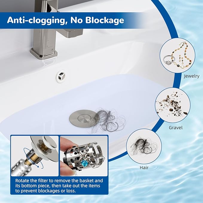 Hibbent Upgraded 3 in 1 Bathroom Sink Drain Strainer, Universal Pop Up Stopper with Removable Stainless Steel Filter Basket Hair Catcher, Sink Plug for 1.1''~2.36'' Basin, Brass Core, Brushed Nickel