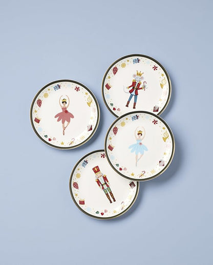 Lenox Dinnerware, Nutcracker Ballet Tidbit Plates, Service for 4, Microwave Safe & Dishwasher Safe Porcelain, Pasta and Salad Dinnerware, Christmas Decor, Nutcracker Ballet (Assorted Plates, 4 Piece)