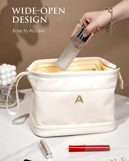 Bridesmaid Gift, Initial Makeup Bags, Personalized Double Layer Cosmetic Bag with Makeup Brush Organizer, Waterproof, Large Capacity PU Leather Travel Toiletry Bag