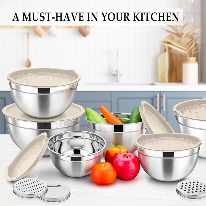 TeamFar Mixing Bowls, 6PCS Stainless Steel Nesting Mixing Salad Bowl with Lids & 3 Grater Attachments, for Food Cooking Baking Storing, Healthy, Khaki - 4.6/2.6/2 / 1.5/1 / 0.7 QT