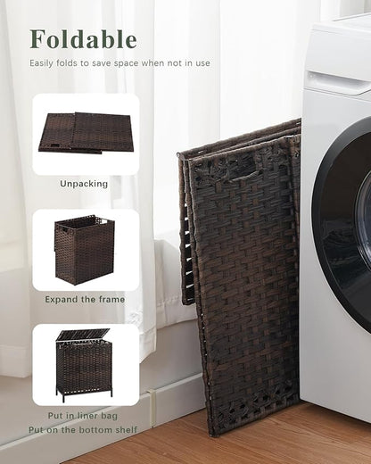 Laundry Hamper with Lid 132 L, (35 Gallons) Clothes Hamper with Lid, Handwoven Rattan Laundry Hamper with Metal Heightened Feet, Laundry Hampers with 3 Removable Liner Bags for Laundry-Brown