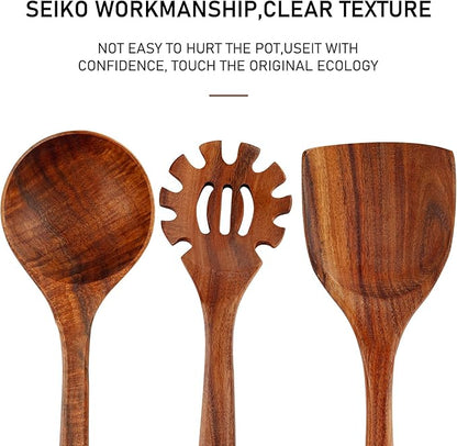 FJNATINH 3-Piece Teak Wooden Wok Spatula Set, Wooden Kitchen Utensil Set, 100% Natural Teak Wood Cooking Utensils