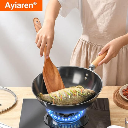 Best Non Toxic Wooden Spatula for Cooking Utensils Set Wood Spurtle Flat Spatulas for Kitchen Use Tools Teak Utensils Slotted Turner Bamboo Cooking Spoons Egg Utensil Cast Iron Scraper Thin Spatula