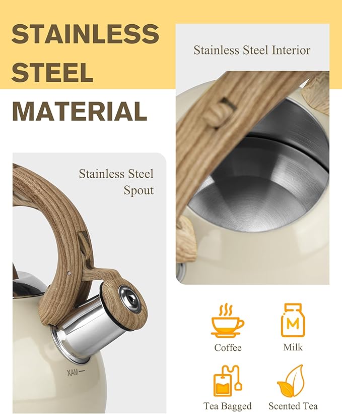 Teapot for Stovetop, 2.1 Quart Stove Top Whistling Tea Kettle, Teapot Kettles with Food Grade Stainless Steel and Wood Pattern Folding Handle, Suitable for All Heat Sources