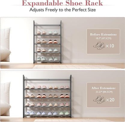 Bumusty 5-Tier Expandable Shoe Rack for Closet, 18“-33” Adjustable Shoe Rack for Small Space, Small Shoe Organizer for Front Door, Sturdy Metal (Grey)