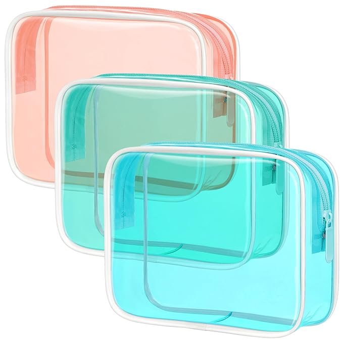 PACKISM TSA Approved Toiletry Bag - 3 Pack Clear Makeup Bags with Zipper, Water-resistant Clear Toiletry Bags for Traveling Holds Small Items, Fit Travel Essentials, 3 colors