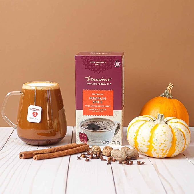Teeccino Pumpkin Spice Herbal Tea - Rich & Roasted Autumn Harvest Tea That’s Caffeine Free & Prebiotic for Delicious Comfort, 25 Tea Bags