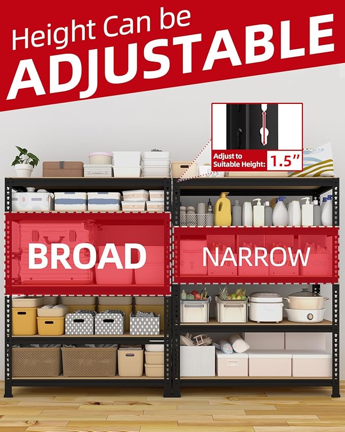 PrimeZone 32" W x 16" D x 63" H Storage Shelves - 5 Tier Adjustable Garage Storage Shelving, Heavy Duty Metal Storage Utility Rack Shelf Unit for Warehouse Pantry Closet Kitchen, Black