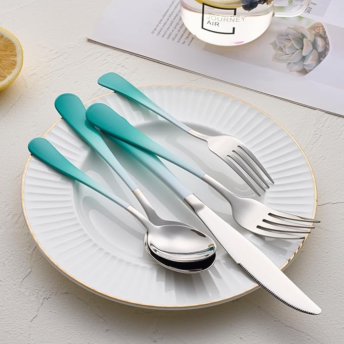 20-Pieces Color Silverware Sets for 4,Green and White Handle Stainless Steel Cutlery Set, Include Forks Spoons and Knives Set, Dishwasher Safe Utensil Sets for Home Restaurant
