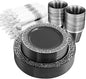 NOCCUR 210PCS Black and Silver Dinnerware Set for 30 Guests - Black Plastic Plates with Silver Rim Include 30 Dinner / 30 Dessert Plates, 30 Prewrapped Silverware, 30 Cups Ideal for Party/New Year