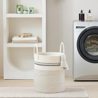 VIPOSCO Large Laundry Hamper, Tall Woven Rope Storage Basket for Blanket, Toys, Dirty Clothes in Living Room, Bathroom, Bedroom - 53L Stripe White
