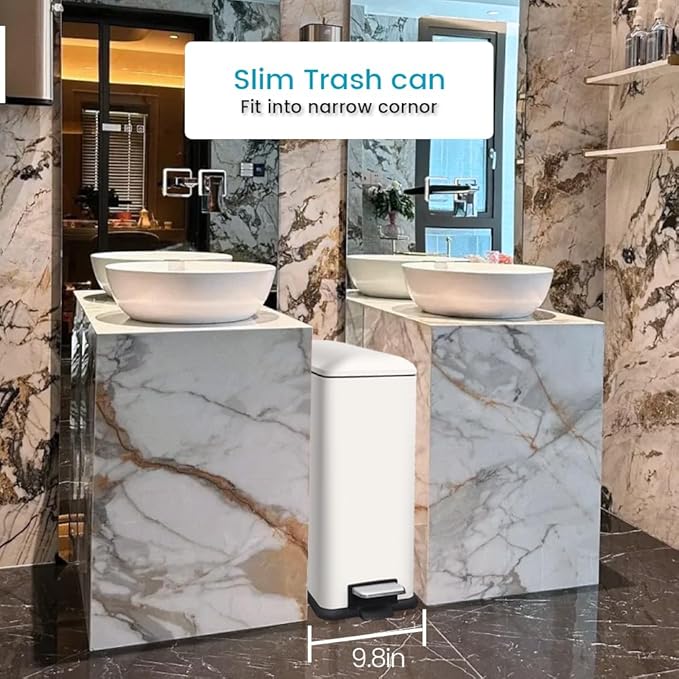 12 Gallon Slim Kitchen Trash Can, Rectangular Trash Can with Removal Inner Bucket and Soft-Close Lid, Foot Pedal, Stainless Steel Garbage Can 45 Liter, White