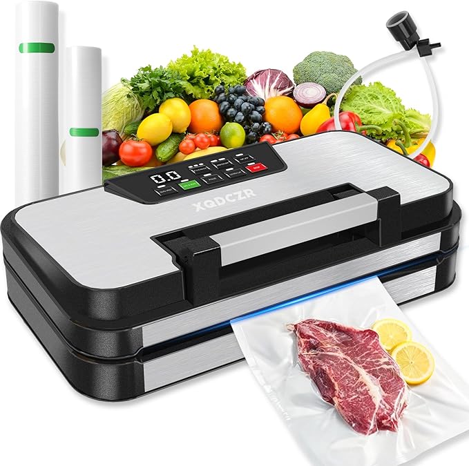 95kPa Vacuum Sealer Machine, Powerful Double Pump 10-in-1 Food Sealing System with Double Heat Seal, Built-in Cutter & Bag Storage, Easy-Lock Handle, Hose, 2 Bag Rolls, Durable Stainless Steel Design