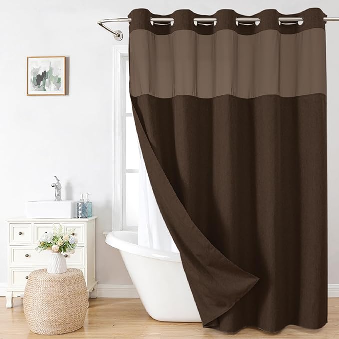 No Hooks Needed Linen Textured Shower Curtain with Snap-in Fabric Liner Set,Hotel Luxury Decor Shower Curtains for Bathroom with Mesh Top Window,Waterproof & Washable,71Wx74H,Brown