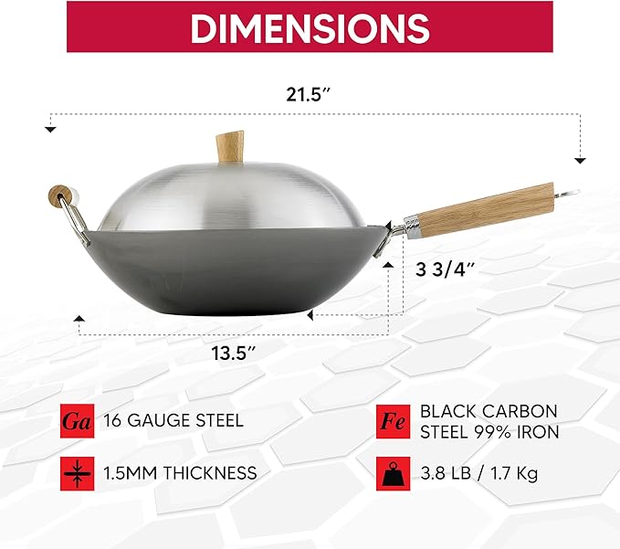 Helen's Asian Kitchen Wok Set - Wok Pan with Lid, 13.5 Inch Carbon Steel Wok - Nonstick Flat Bottom Wok for Stir Fry - Includes 4pc Accessories - Perfect for Gas, Electric, Induction Stovetops