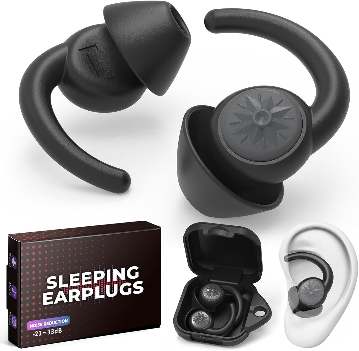 Ear Plugs for Sleeping: Reusable Earplugs for Sleep, Snoring Blocking, Concert, Travel, Airplane, 2 Pairs Washable Soft Silicone Noise Cancelling Ear Plugs (Black)