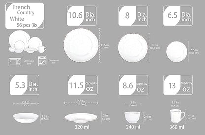 56pc Dinnerware Set, Plate and Bowl Set, Stoneware Dishes Set for 8, Microwave and Dishwahser Safe, Scratch Resistant, French Countryside Speckled Antique White