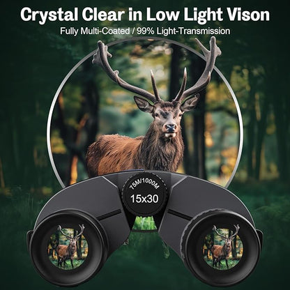 15x30 Compact Binoculars for Adults and Kids - Occer Large View High Powered Binoculars for Bird Watching - Lightweight Easy Focus Binocular with Low Light Vision for Outdoor Hunting Travel - Black