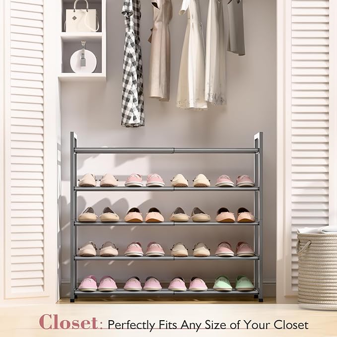 Bumusty 5-Tier Expandable Shoe Rack for Closet, 18“-33” Adjustable Shoe Rack for Small Space, Small Shoe Organizer for Front Door, Sturdy Metal (Grey)