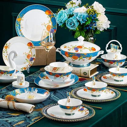 60 Pieces of 10-12 People Bone China Bowl and Plate Dinnerware Set Pomegranate