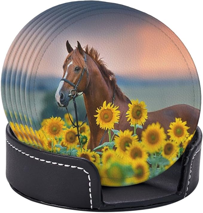 6 Pcs Horse Sunflowers Leather Coasters