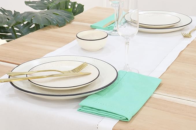 PurpleEssences Set of 6 Hemstitch Cloth Dinner Napkins 100% Cotton - Soft Durable Washable - Ideal for Wedding Christmas Holiday Winter - Perfect Everyday Use Table Linen 18x18 - Turquoise