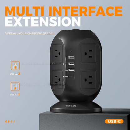 Surge Protector Power Strip Tower, TESSAN 10 ft Flat Extension Cord with Multiple Outlets, 8 AC Outlets 4 USB Ports (1 USB C), Charging Station with Surge Protection for Home Office Dorm, Black
