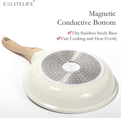 ESLITE LIFE Nonstick Ceramic Frying Pan Skillet with Lid, Non-Toxic Egg Omelette Kitchen Cooking Pans Compatible with All Stovetops (Gas, Electric & Induction), PTFE & PFOA Free (White, 11" w/Lid)