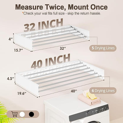 Wall Mounted Clothes Drying Rack Folding Indoor, Foldable Laundry Drying Rack Collapsible,Invisible, Space Saving, Retractable Towel Drying Rack, with Wall Template(5 Drying Rods, White 32")