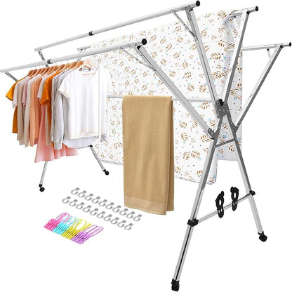 Adjustable 5-Bar Clothes Drying Rack, Foldable Stainless Steel Laundry Stand with Lockable Wheels, Extendable from 59 to 94.5 Inches,for Clothes, Shoes, and Bedding