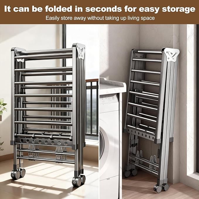 Heavy Duty 3-Tier Clothes Drying Rack with Wheels & Shoe Rack - Large 5.9ft Foldable Metal Laundry Stand, Portable Collapsible Clothing Hanger for Indoor Outdoor Use in Laundry Room