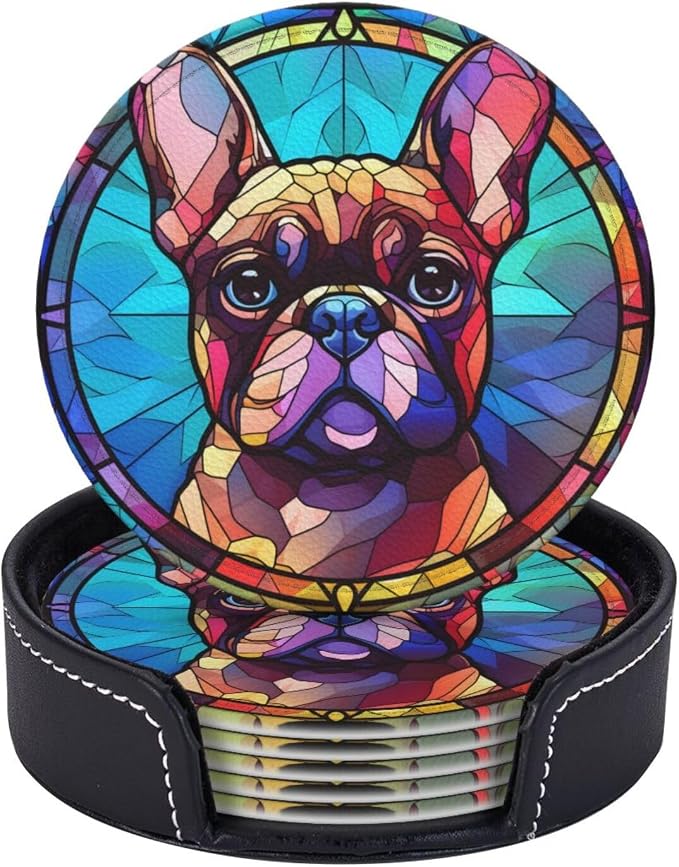 French Bulldog Stained Dog Breed Glass Art Leather Drinks Coasters