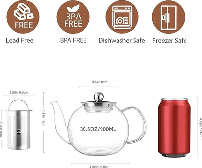 CNGLASS 900ml Glass Teapot with Removable Infuser,Clear Tea Kettle Stovetop Safe,Blooming and Loose Leaf Tea Maker