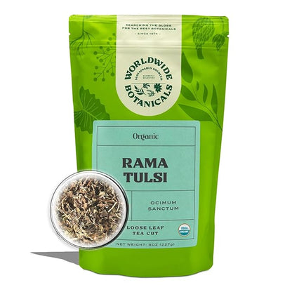 Worldwide Botanicals Organic Holy Basil Tea, 8oz - Tulsi Rama - Loose Leaf Premium Herbal Tea, 100% Pure Tulsi Holy Basil, Fair Trade, Adaptogenic, Kosher