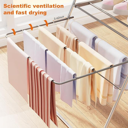 Bigzzia Clothes Drying Rack Foldable, 2-Level Large Laundry Drying Rack Collapsible, Stainless Steel Drying Rack Clothing for Indoor Outdoor, Easy to Fold, 33 Drying Rails, 142cm, Gray