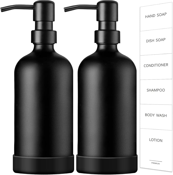 GMISUN Black Soap Dispenser with Silicone Sleeve Boot, 2 Pack Glass Bathroom Hand Soap Dispensers with Stainless Steel Pump, 17 Fl Oz Kitchen Hand and Dish Soap Dispenser Set, Liquid Dispensers Bottle