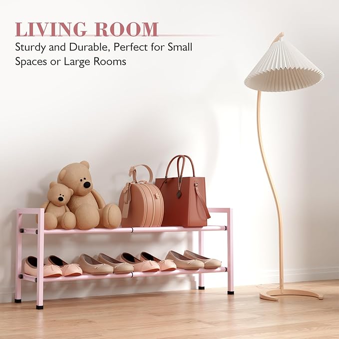 Bumusty 2-Tier Expandable Shoe Rack for Closet, 18“-33” Adjustable Shoe Rack for Small Space, Small Shoe Organizer for Front Door, Sturdy Metal, Pink