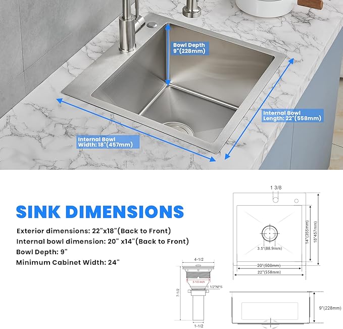 POPFLY 22 Inch Kitchen Sink, 22 x 18 Inch Drop in 18 Gauge Stainless Steel Single Bowl Laundry Sinks 2 Holes Top mount Handmade Utility Small Bar Deep Sink, Brushed