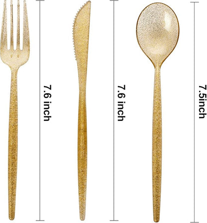 Supernal 180pcs Gold Plastic Silverware Durable Plastic Silverware Gold Glitter Color Party Cutlery Disposable Flatware Heavy Duty Include 60 Forks,60 Knvies,60 Spoons for Wedding,Birthday