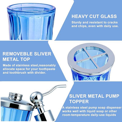 Bathroom Accessories Set,5 Pcs Blue Glass Bathroom Accessory Set,Complete Lotion Soap Dispenser,Toothbrush Holder,Soap Dish,Tumbler & Jar,Modern Bathroom Decor Sets,Gift for Home Apartment,Round