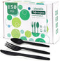 Black No Plastic Silverware, Disposable Compostable Utensils 50 Forks 50 Spoons 50 Knives Disposable Cutlery, Eco Friendly Compostable Utensils, Disposable Forks Spoons Knives Set for Party Office
